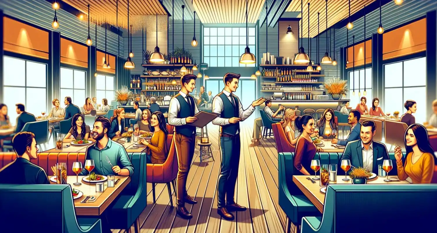ilustracion del interior de un restaurante estilo moderno con clientes y dos meseros al centro