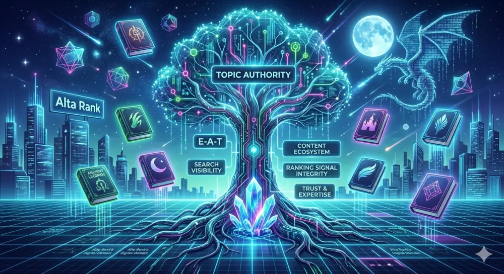 imagen de portada de un árbol digital con el lema autoridad temática (topic authority)